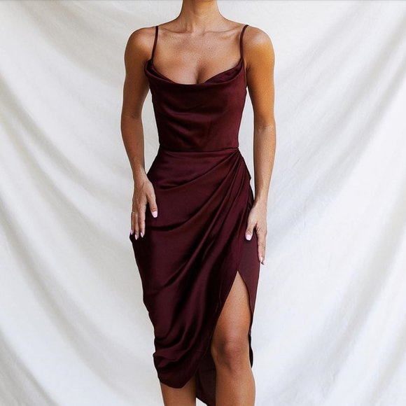 House of CB Dresses & Skirts - House of CB ‘Reva’ Raisin Satin Gathered Corset Dress Raisin NWOT